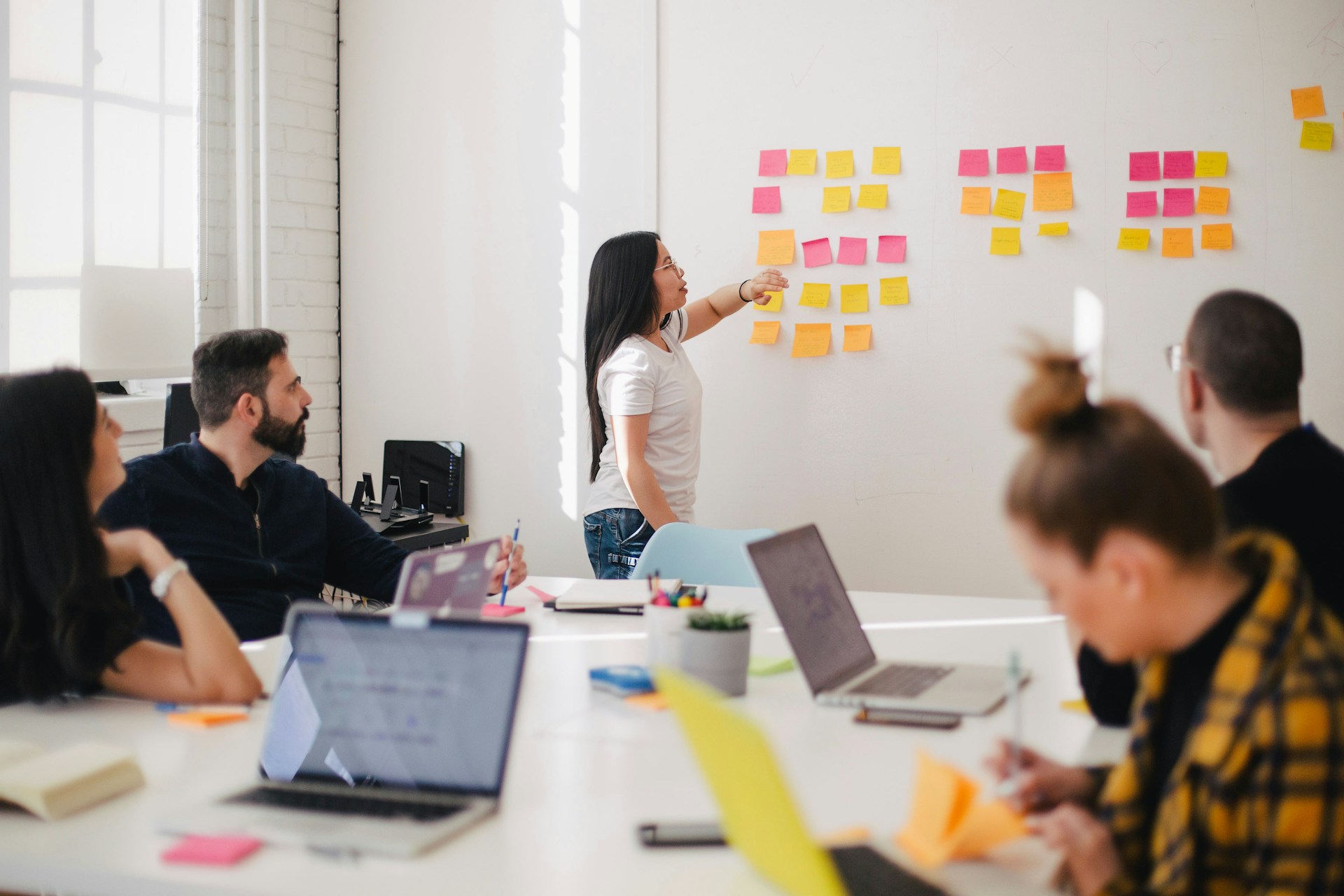 Eine Gruppe von Personen vor einem White Board auf dem einzelne Abschnitte eines Projekts dargestellt sind.