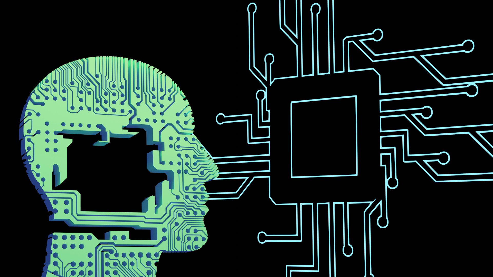 Eine Grafik, die ein digitales Netzwerk zeigt und die Umrisse eines menschlichen Kopfs, ebenfalls im Design eines digitalen Netzwerks.