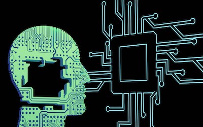Eine Grafik, die ein digitales Netzwerk zeigt und die Umrisse eines menschlichen Kopfs, ebenfalls im Design eines digitalen Netzwerks.