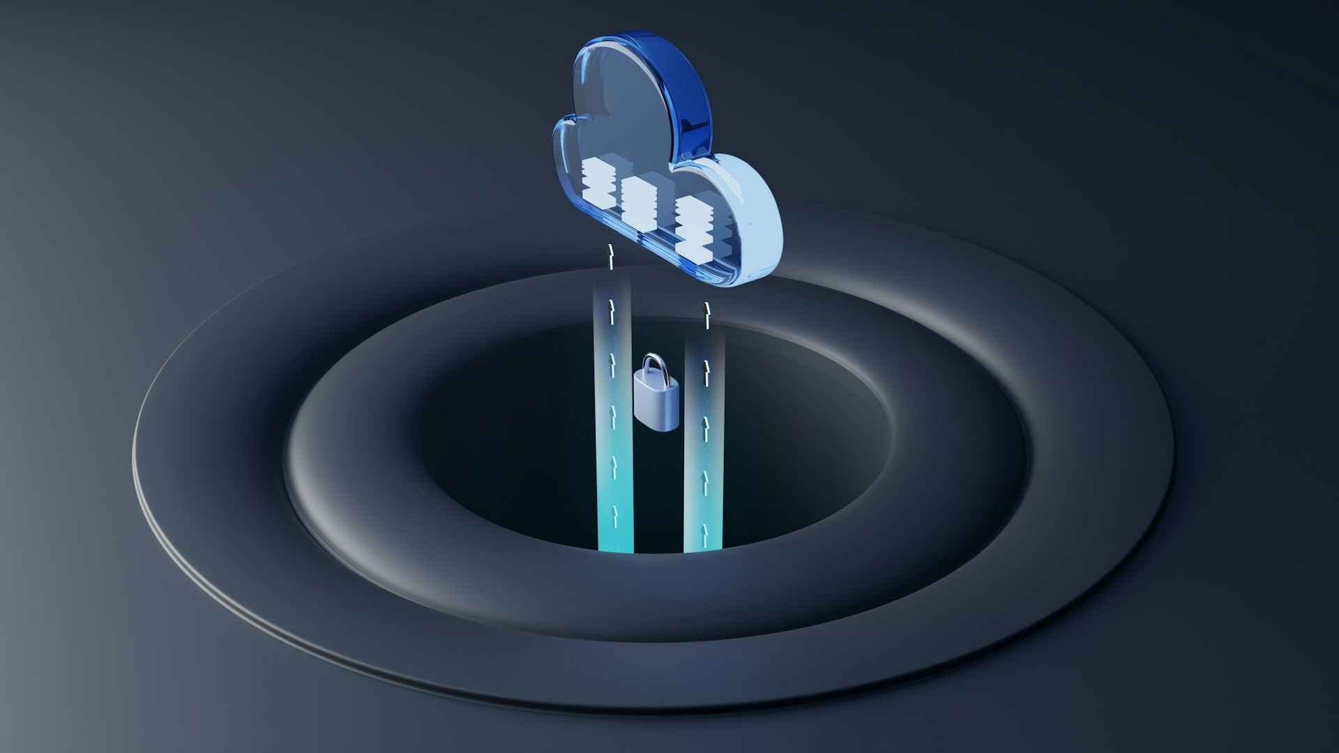 Eine grafische Darstellung einer IT-Cloud. Datenströme fließen in die Cloud und dazwischen steht ein Schloss als Symbol für eine verschlüsselte Übertragung dieser Daten in die Cloud.