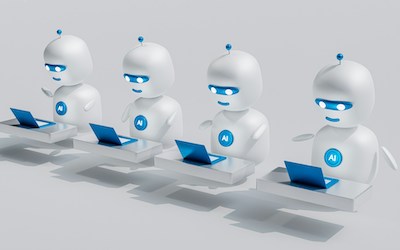 Grafik mit vier identischen Robotern, die an Computern arbeiten.